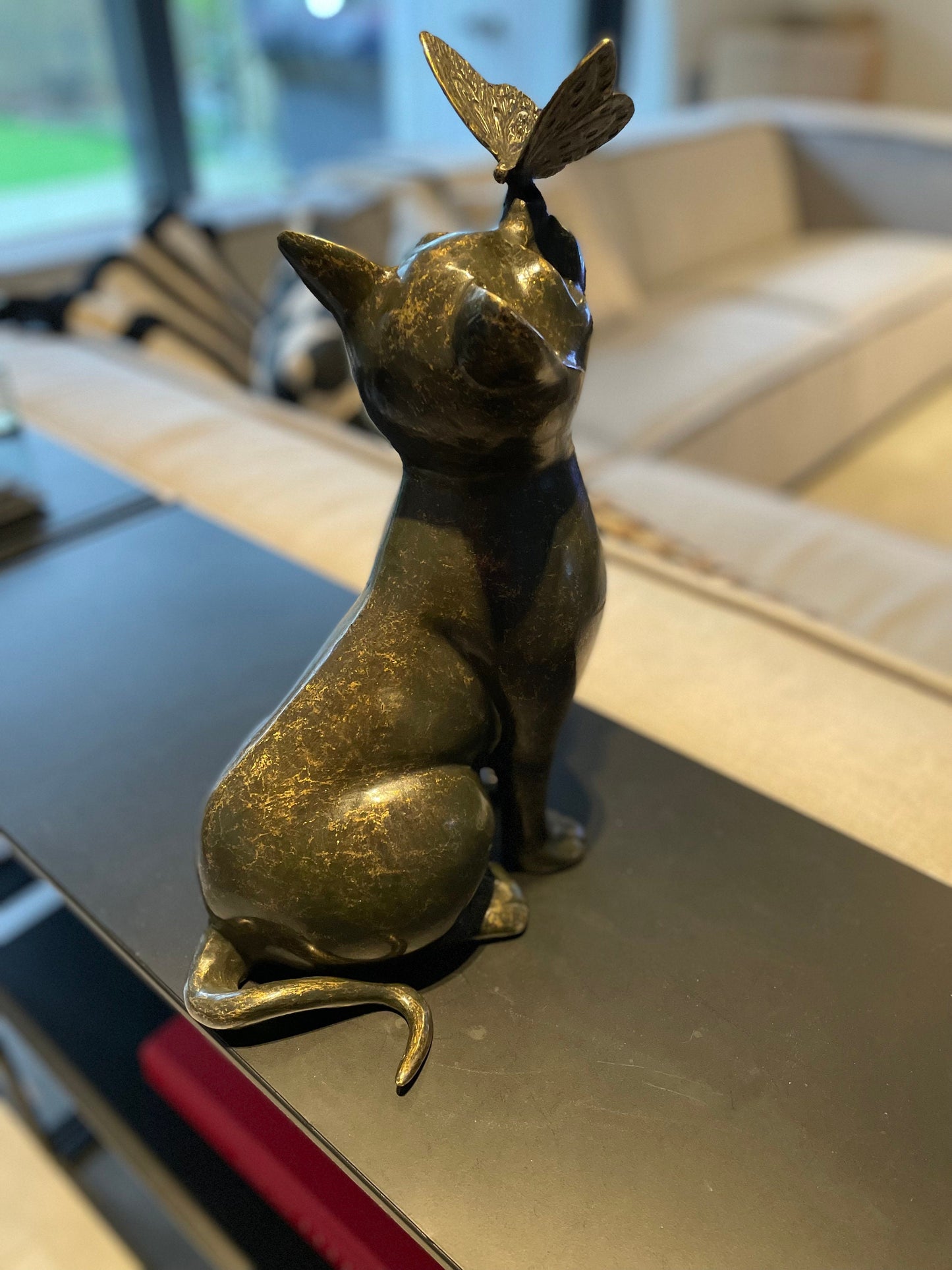 Cat with Butterfly – Bronze Sculpture. 25x16x38cm