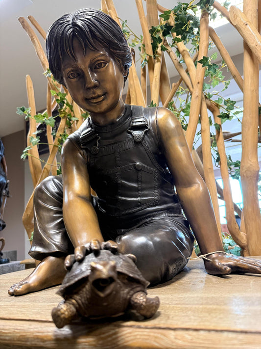 Boy with Tortoise – Bronze Sculpture. 43x42x48cm