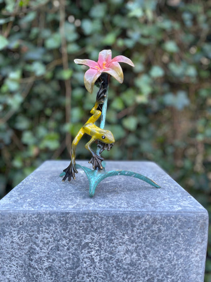 Tropical Frog and Flower – Bronze Sculpture. 13x9x20cm - 0.5Kg